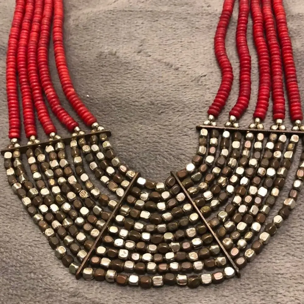 Red and Silver Beaded Statement Necklace